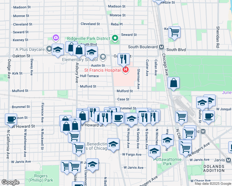 map of restaurants, bars, coffee shops, grocery stores, and more near 825 Case Street in Evanston