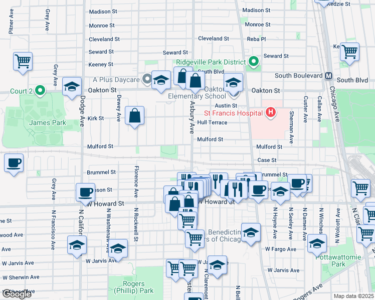 map of restaurants, bars, coffee shops, grocery stores, and more near in Evanston