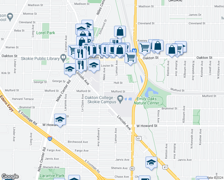 map of restaurants, bars, coffee shops, grocery stores, and more near 4860 Mulford Street in Skokie
