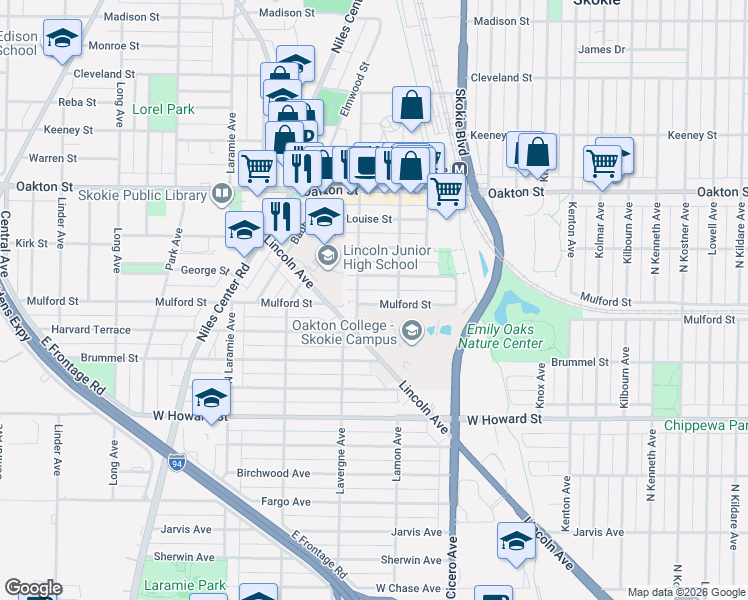 map of restaurants, bars, coffee shops, grocery stores, and more near 4924 Mulford Street in Skokie