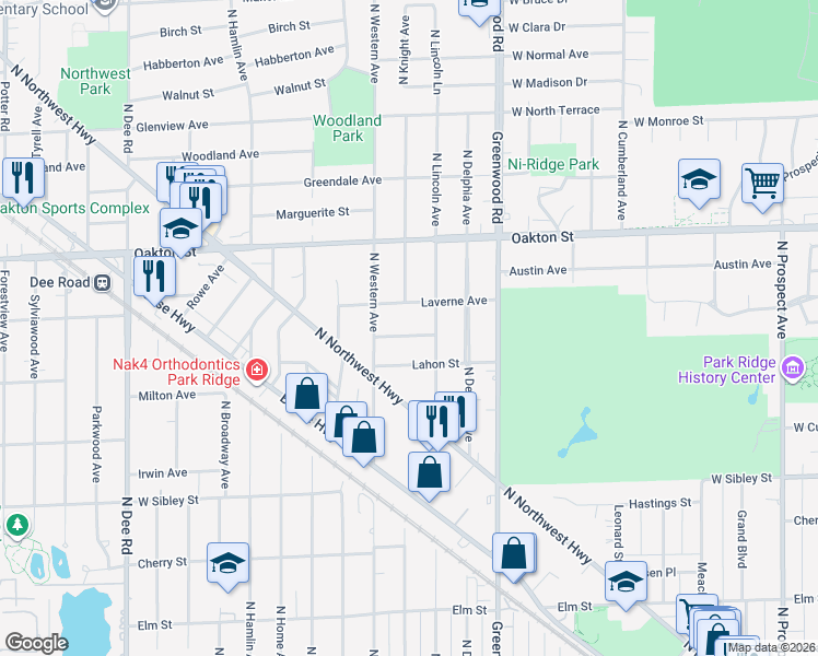 map of restaurants, bars, coffee shops, grocery stores, and more near 1424 Cynthia Avenue in Park Ridge