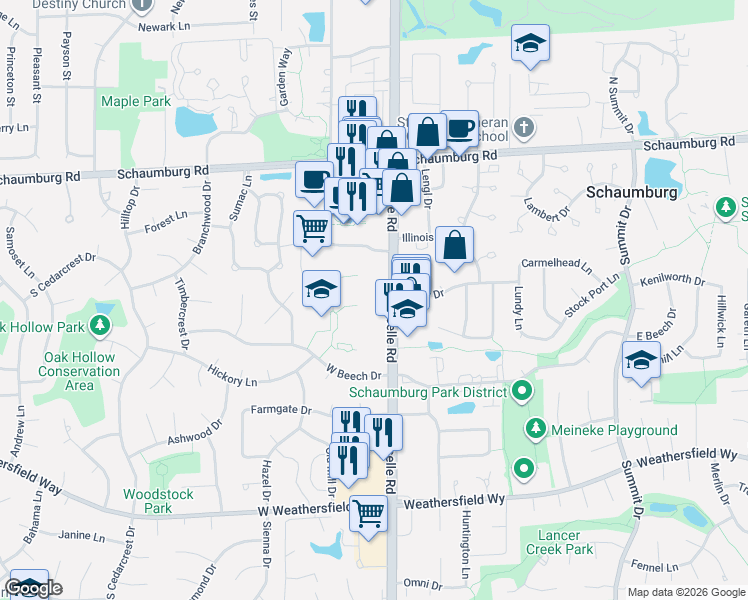map of restaurants, bars, coffee shops, grocery stores, and more near 220 South Roselle Road in Schaumburg