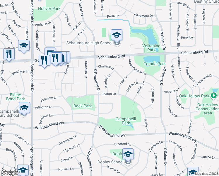 map of restaurants, bars, coffee shops, grocery stores, and more near 204 Patricia Drive in Schaumburg