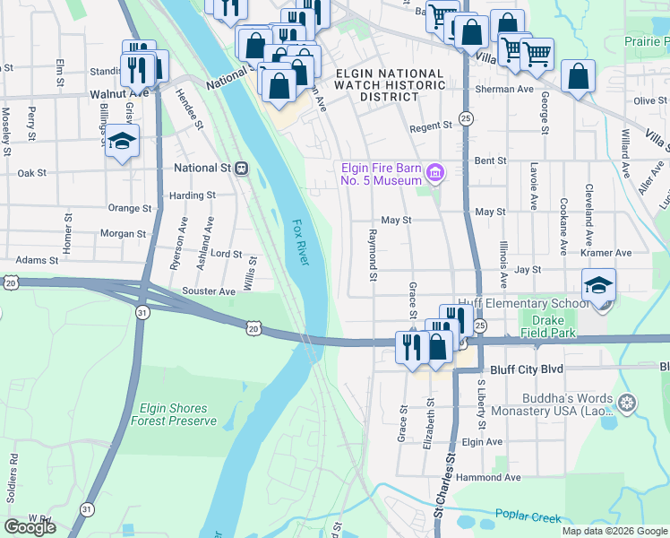 map of restaurants, bars, coffee shops, grocery stores, and more near 654 Wellington Avenue in Elgin