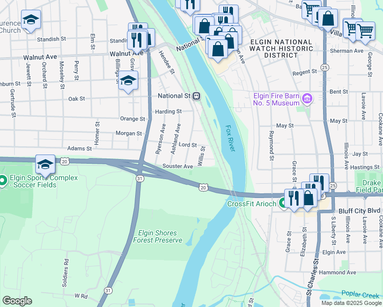 map of restaurants, bars, coffee shops, grocery stores, and more near 523 Hendee Street in Elgin