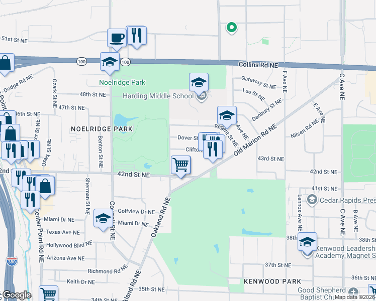 map of restaurants, bars, coffee shops, grocery stores, and more near 1117 Clifton St NE in Cedar Rapids