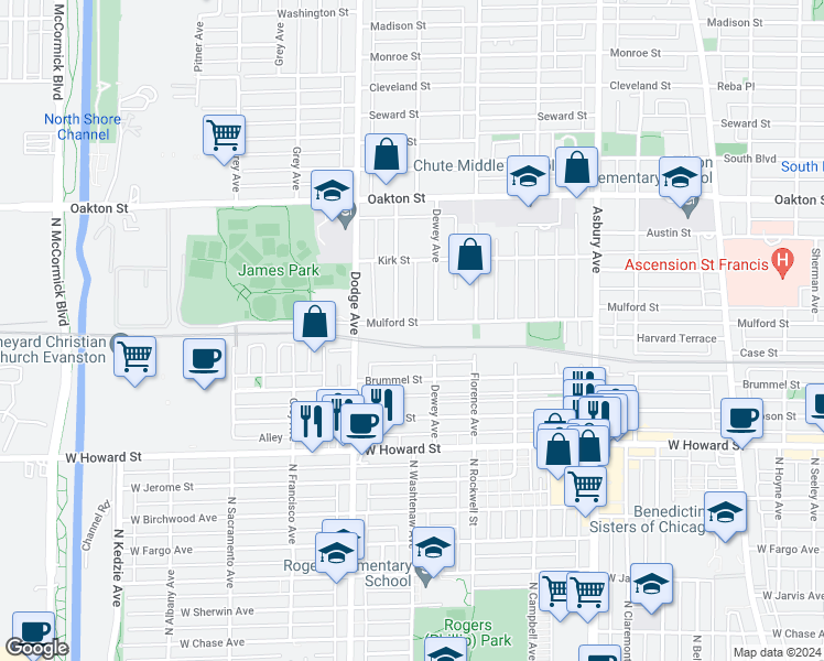 map of restaurants, bars, coffee shops, grocery stores, and more near 1716 Mulford Street in Evanston