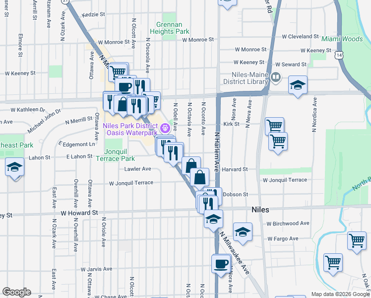 map of restaurants, bars, coffee shops, grocery stores, and more near 7742 Illinois 21 in Niles