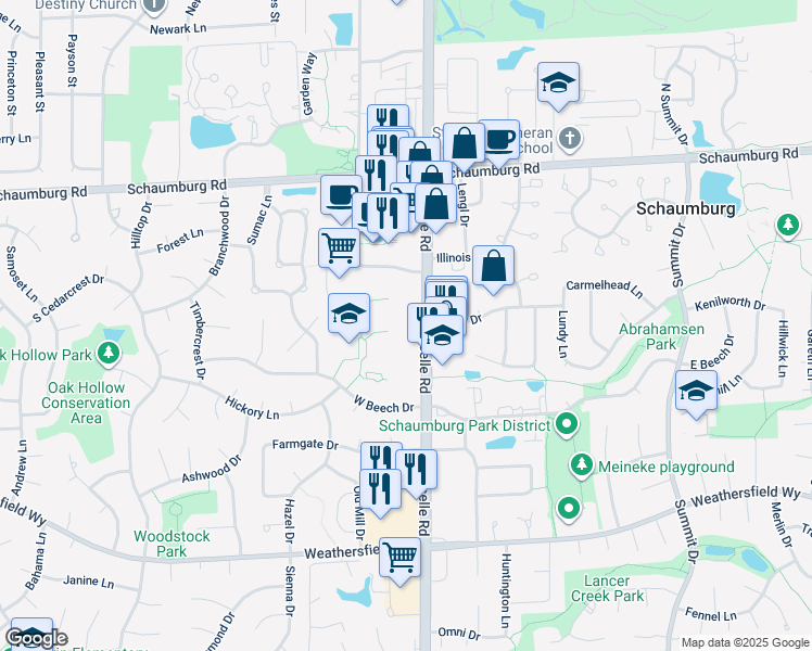 map of restaurants, bars, coffee shops, grocery stores, and more near 220 South Roselle Road in Schaumburg
