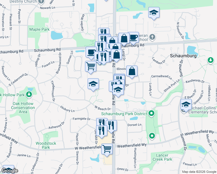 map of restaurants, bars, coffee shops, grocery stores, and more near 220 South Roselle Road in Schaumburg