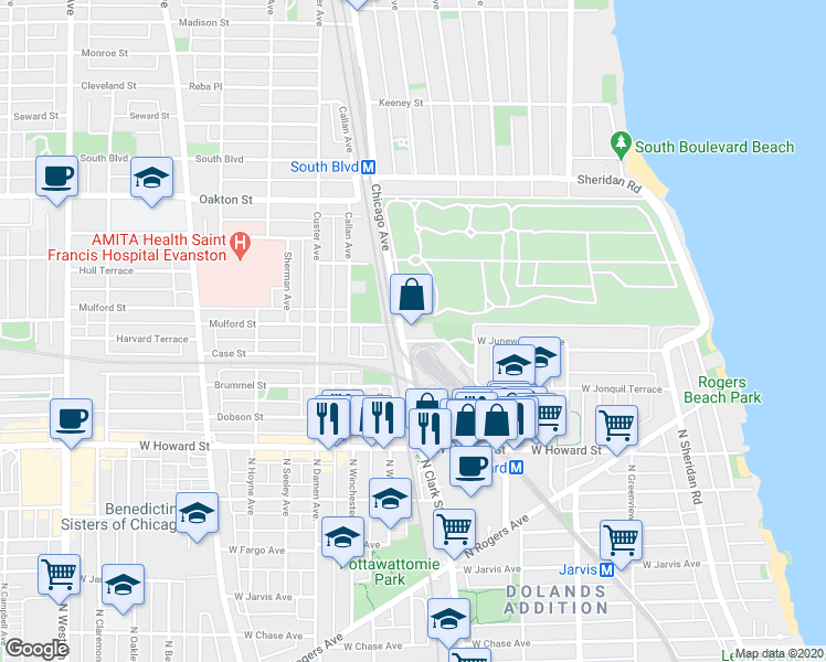 map of restaurants, bars, coffee shops, grocery stores, and more near 1832 West Juneway Terrace in Chicago