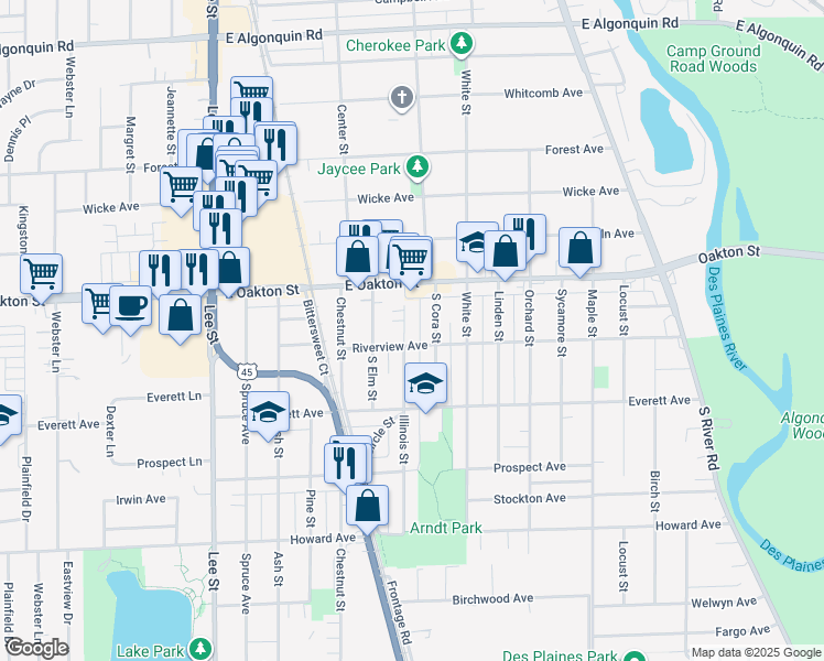 map of restaurants, bars, coffee shops, grocery stores, and more near 1675 Illinois Street in Des Plaines