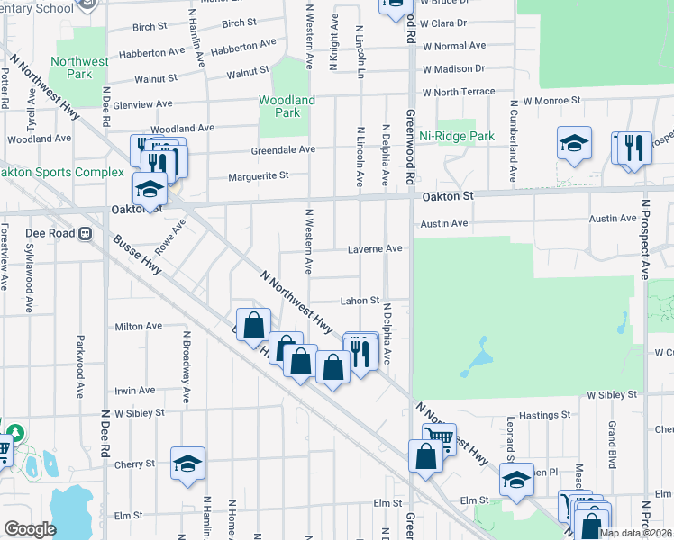 map of restaurants, bars, coffee shops, grocery stores, and more near 1424 Cynthia Avenue in Park Ridge
