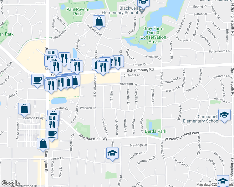 map of restaurants, bars, coffee shops, grocery stores, and more near 112 South Staffire Drive in Schaumburg