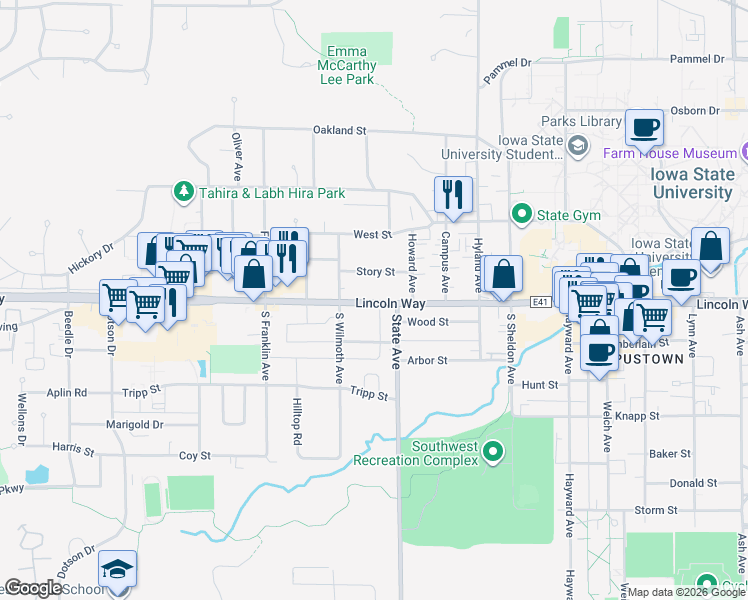 map of restaurants, bars, coffee shops, grocery stores, and more near 3202 Lincoln Way in Ames