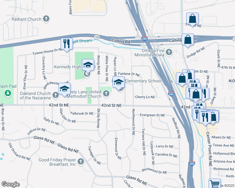 map of restaurants, bars, coffee shops, grocery stores, and more near 4343 Marilyn Drive Northeast in Cedar Rapids