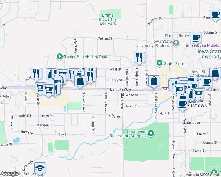 map of restaurants, bars, coffee shops, grocery stores, and more near 3230 Lincoln Way in Ames