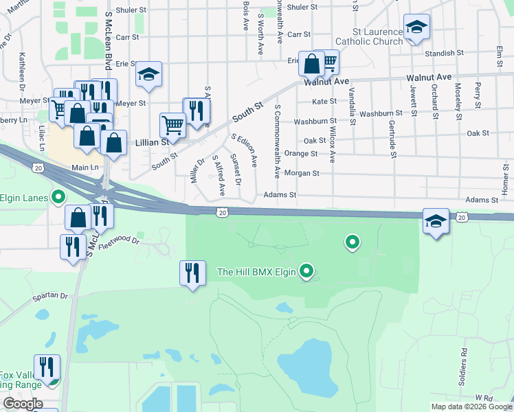 map of restaurants, bars, coffee shops, grocery stores, and more near 564 South Commonwealth Avenue in Elgin