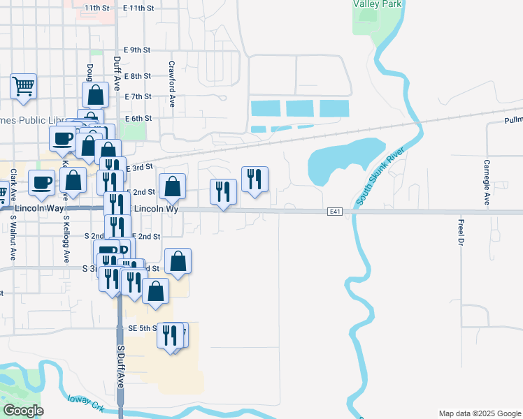 map of restaurants, bars, coffee shops, grocery stores, and more near 716 East Lincoln Way in Ames