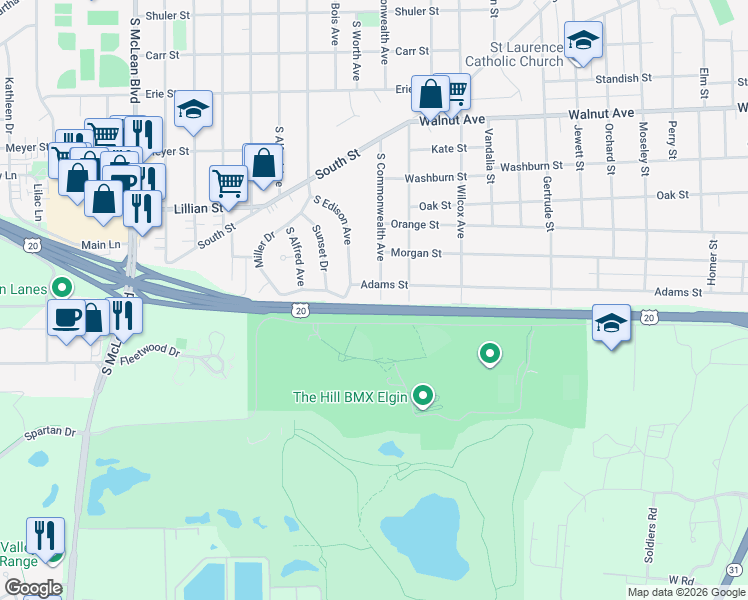 map of restaurants, bars, coffee shops, grocery stores, and more near 564 South Commonwealth Avenue in Elgin