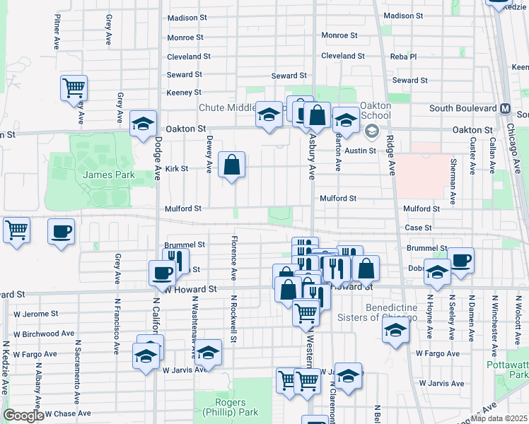 map of restaurants, bars, coffee shops, grocery stores, and more near 1426 Mulford Street in Evanston