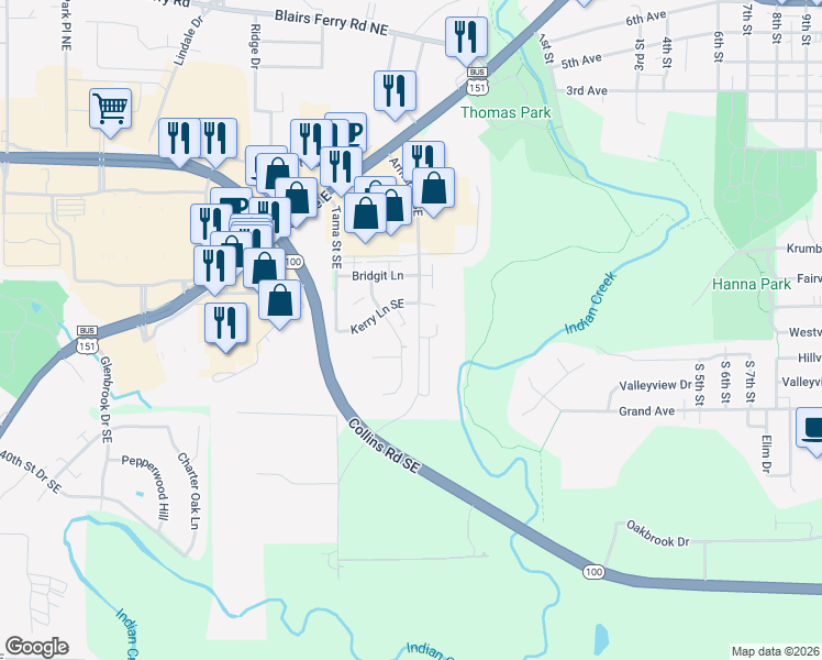 map of restaurants, bars, coffee shops, grocery stores, and more near 4505 Armar Drive Southeast in Cedar Rapids