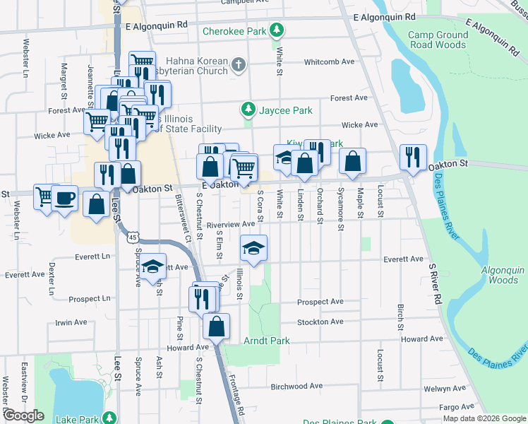 map of restaurants, bars, coffee shops, grocery stores, and more near 1690 White Street in Des Plaines