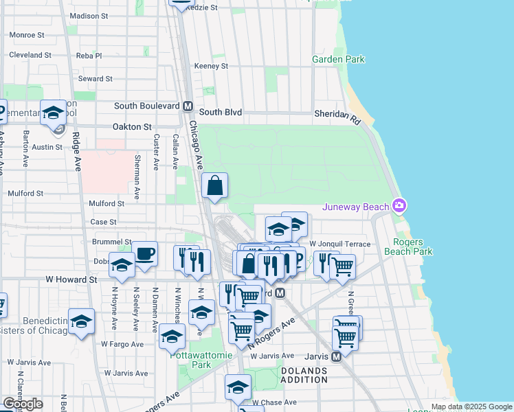 map of restaurants, bars, coffee shops, grocery stores, and more near 1709 West Juneway Terrace in Chicago