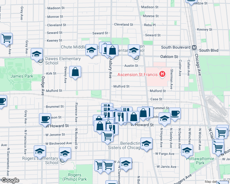 map of restaurants, bars, coffee shops, grocery stores, and more near in Evanston