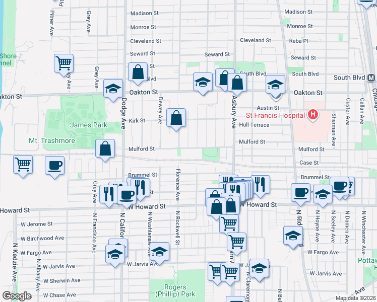 map of restaurants, bars, coffee shops, grocery stores, and more near 1522 Mulford Street in Evanston