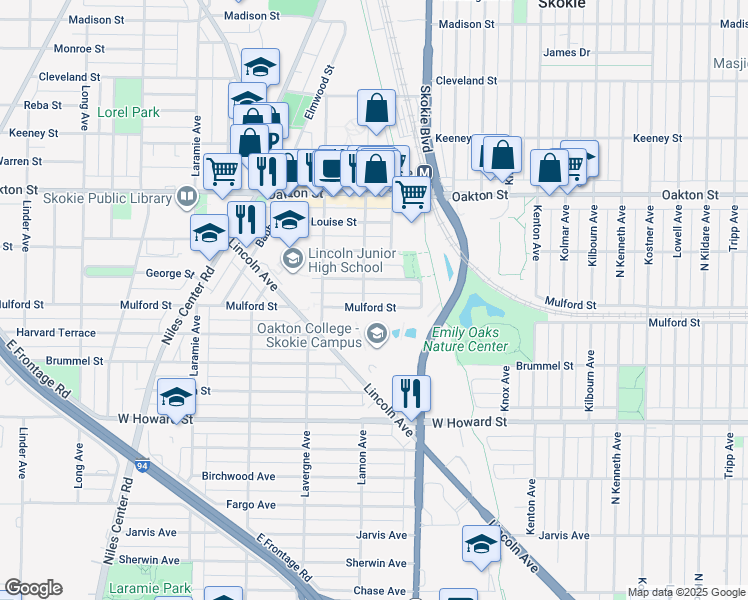 map of restaurants, bars, coffee shops, grocery stores, and more near 4860 Mulford Street in Skokie