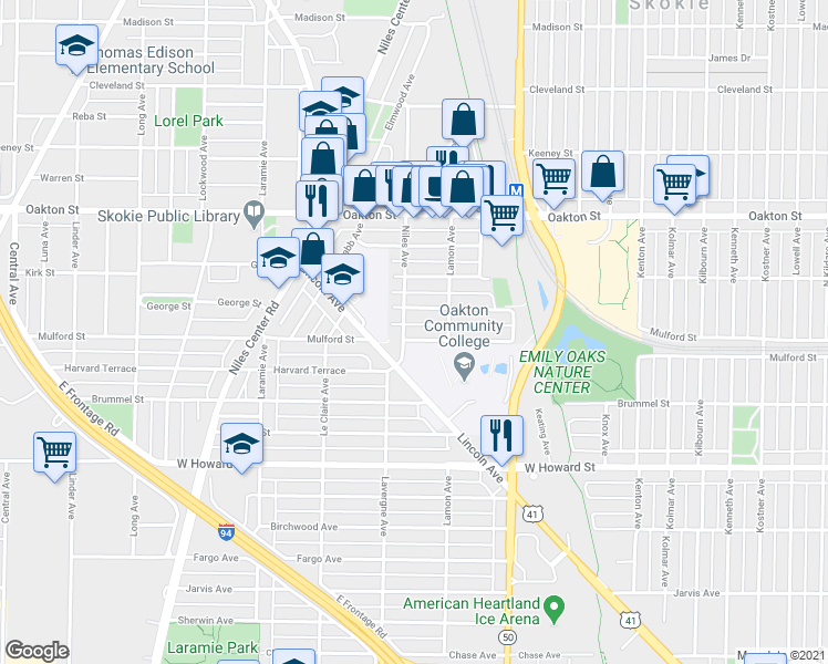 map of restaurants, bars, coffee shops, grocery stores, and more near 4924 Mulford Street in Skokie