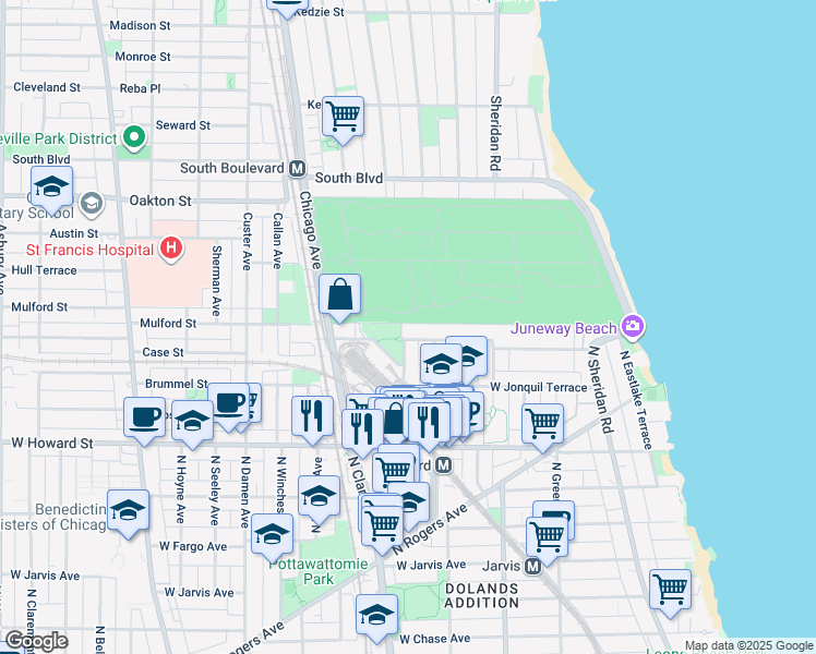 map of restaurants, bars, coffee shops, grocery stores, and more near 1709 West Juneway Terrace in Chicago