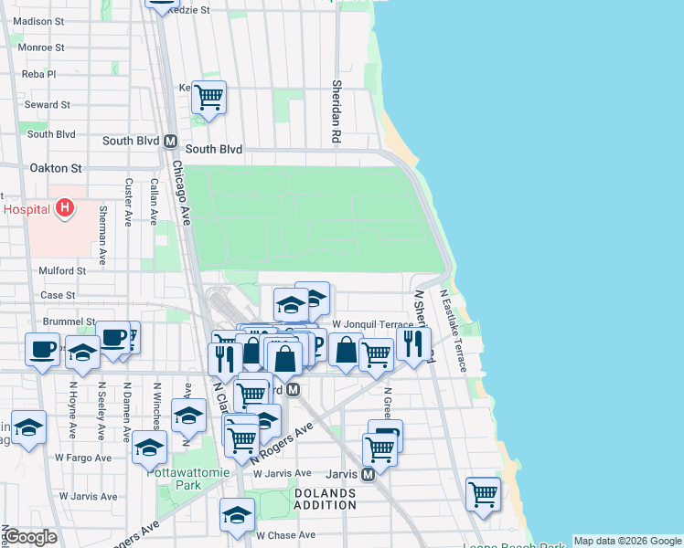 map of restaurants, bars, coffee shops, grocery stores, and more near 7726 North Ashland Avenue in Chicago