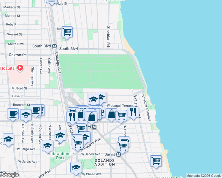 map of restaurants, bars, coffee shops, grocery stores, and more near 7726 North Ashland Avenue in Chicago