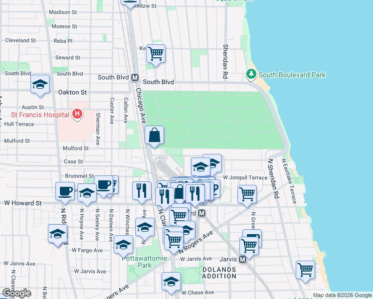 map of restaurants, bars, coffee shops, grocery stores, and more near 1722 West Juneway Terrace in Chicago