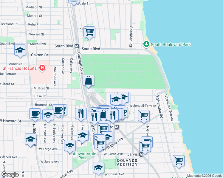 map of restaurants, bars, coffee shops, grocery stores, and more near 1709 West Juneway Terrace in Chicago