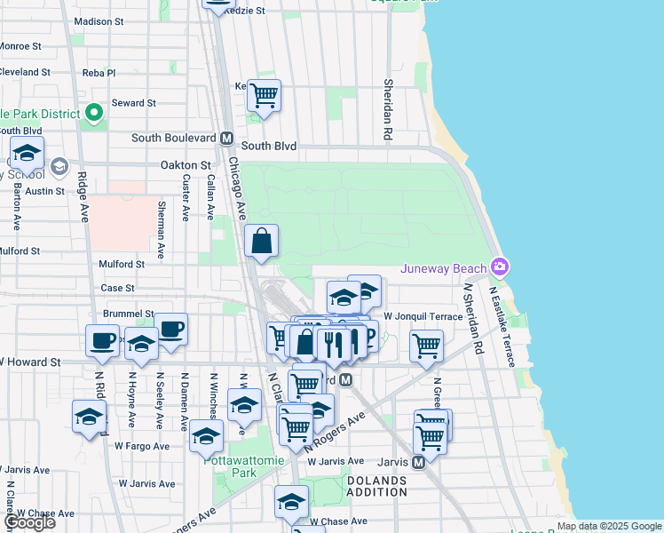 map of restaurants, bars, coffee shops, grocery stores, and more near 1704 West Juneway Terrace in Chicago