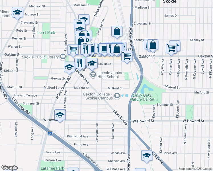 map of restaurants, bars, coffee shops, grocery stores, and more near 4920 Mulford Street in Skokie