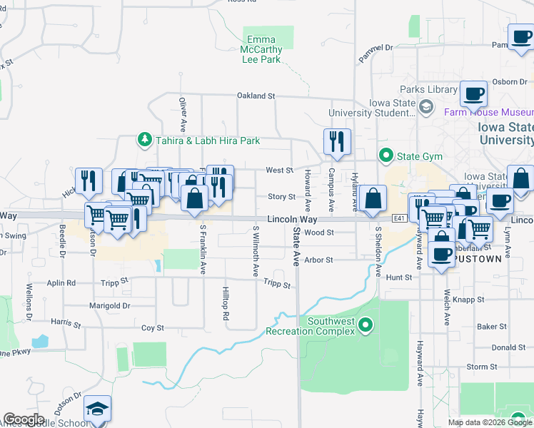 map of restaurants, bars, coffee shops, grocery stores, and more near 3121 Lincoln Way in Ames
