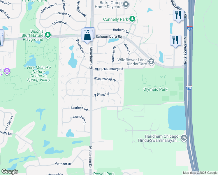 map of restaurants, bars, coffee shops, grocery stores, and more near 327 Wildberry Court in Schaumburg