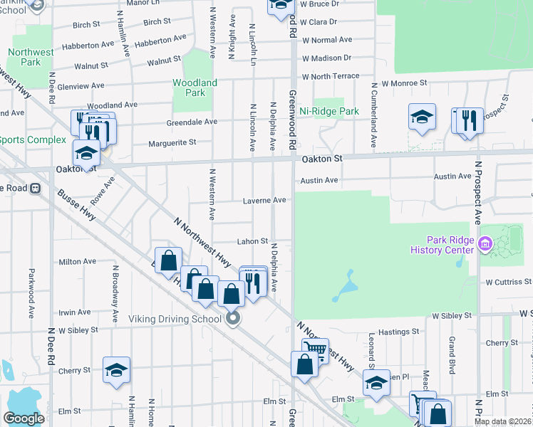 map of restaurants, bars, coffee shops, grocery stores, and more near 819 North Lincoln Avenue in Park Ridge