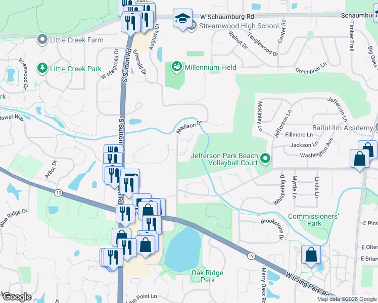 map of restaurants, bars, coffee shops, grocery stores, and more near 23 Taylor Court in Streamwood