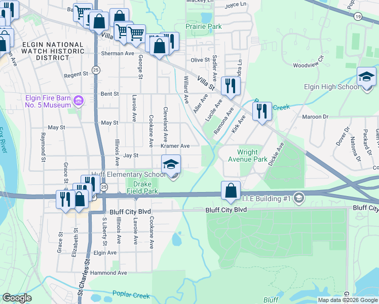 map of restaurants, bars, coffee shops, grocery stores, and more near 867 Jay Street in Elgin