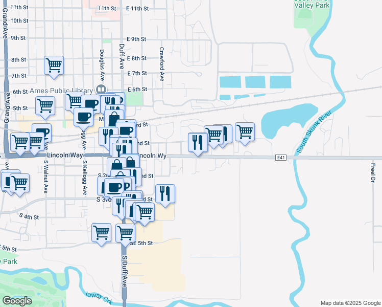map of restaurants, bars, coffee shops, grocery stores, and more near 520 East Lincoln Way in Ames