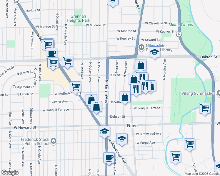 map of restaurants, bars, coffee shops, grocery stores, and more near 7764 Nora Avenue in Niles