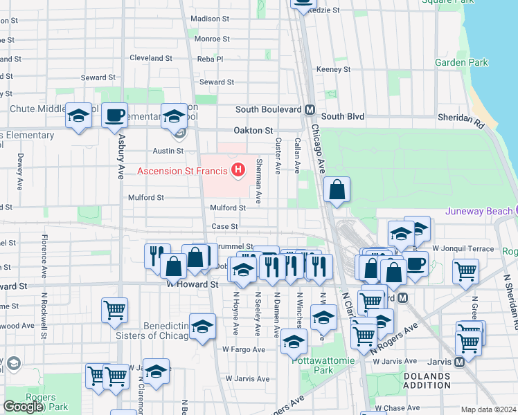 map of restaurants, bars, coffee shops, grocery stores, and more near Sherman Ave & Mulford St in Evanston