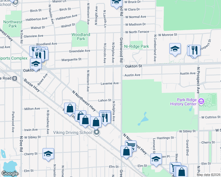 map of restaurants, bars, coffee shops, grocery stores, and more near 819 North Lincoln Avenue in Park Ridge