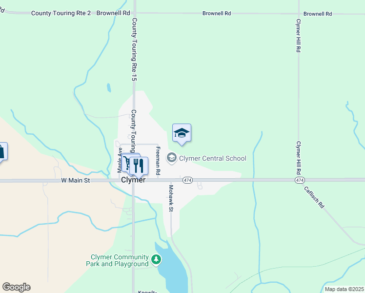 map of restaurants, bars, coffee shops, grocery stores, and more near 8672 West Main Street in Clymer