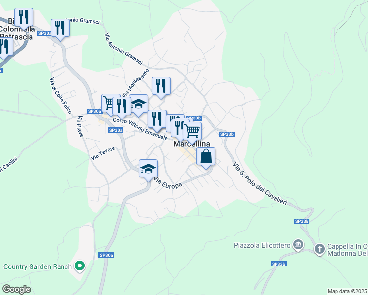 map of restaurants, bars, coffee shops, grocery stores, and more near Strada Provinciale 33b in Marcellina